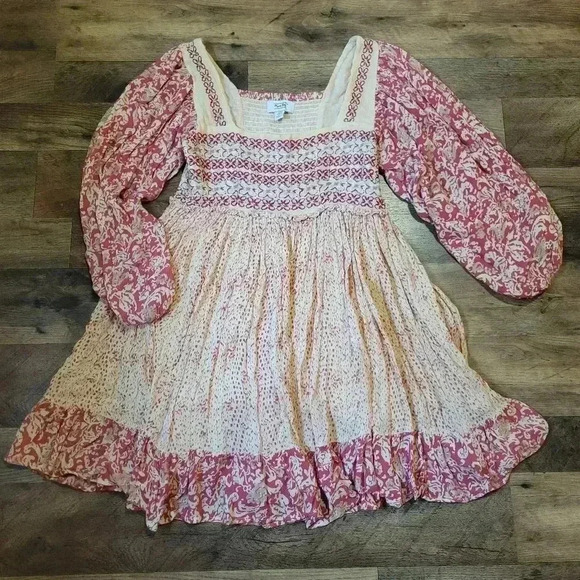 Myra Bag Pink Longsleeve Embroidered Smocked Dress Size Small - Picture 1 of 7